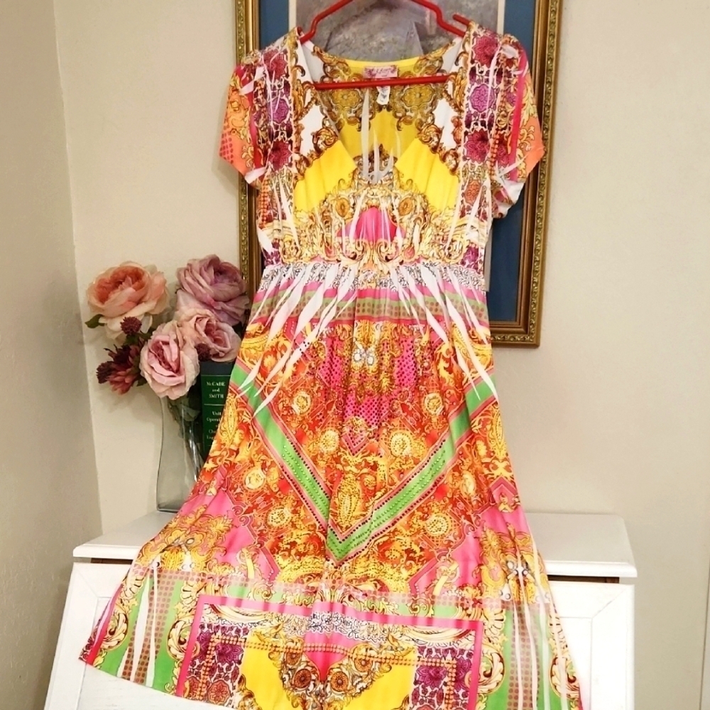 Vibrant Multicolor Short Sleeve Bohemian Dress Size Large Colorful Art To Wear